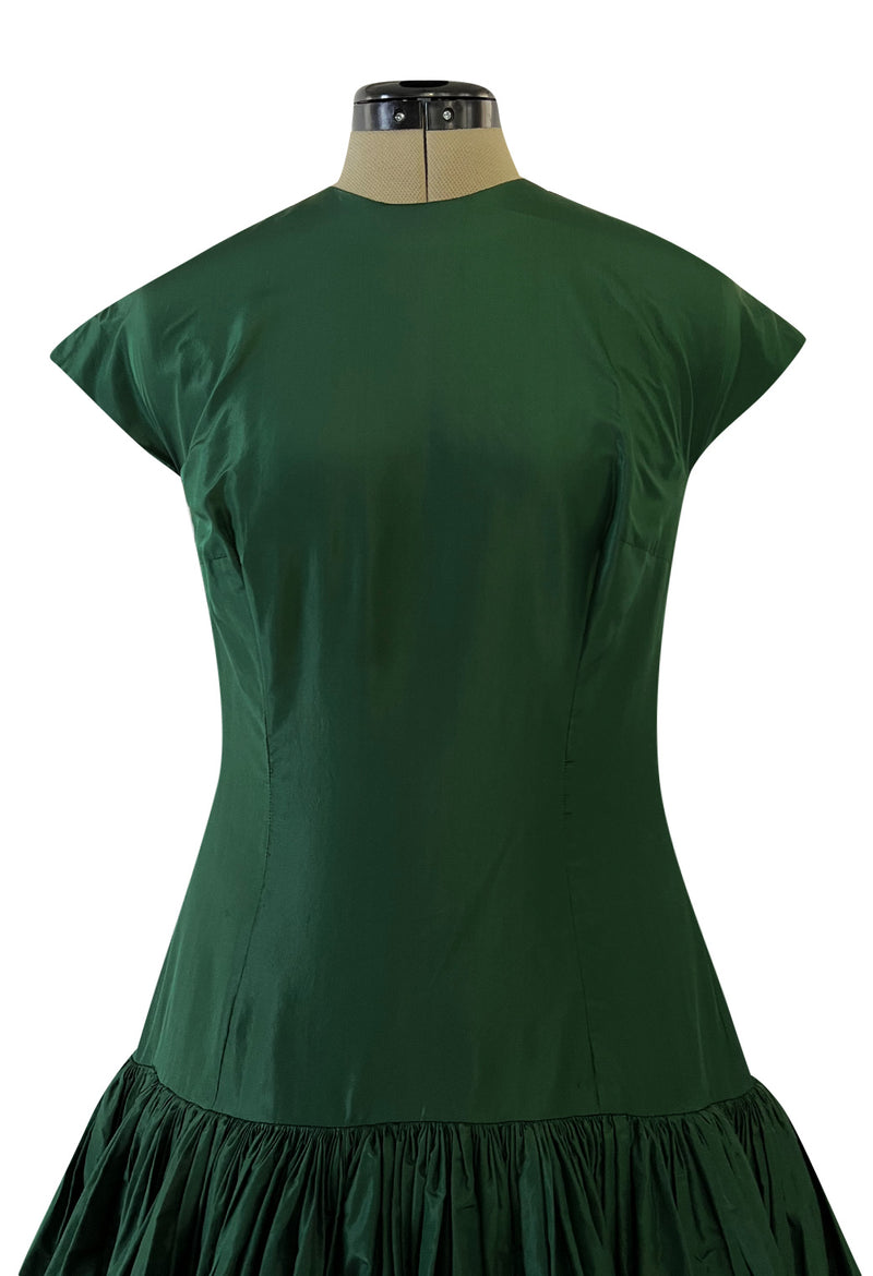 Rare 1977 Madame Gres Haute Couture Dress & Cape in a Deep Green Silk Taffeta