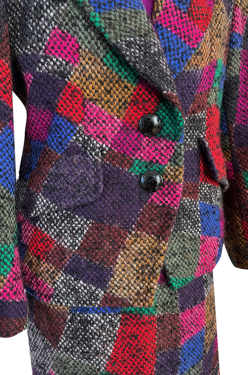Fall 1991 Ady Couture Lausanne Yves Saint Laurent Haute Couture Copy Wool Patchwork Suit w Silk Top