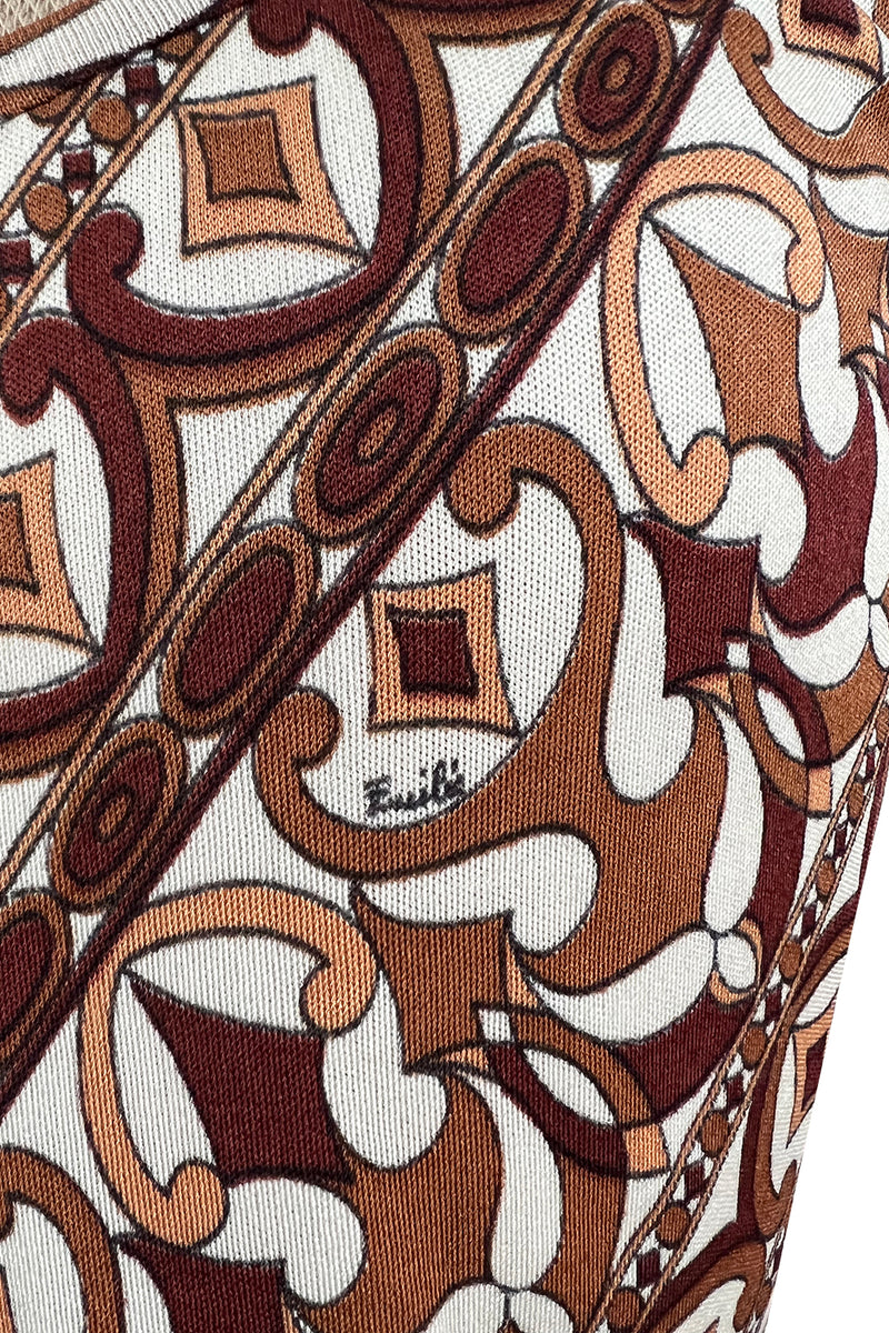 Rare 1970s Emilio Pucci Printed Taupe & White Silk Jersey Halter Jumpsuit w Belt