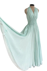 Spring 1976 Chanel Haute Couture Pale Turquoise Silk Chiffon Dress w PinTuck Gathered Front
