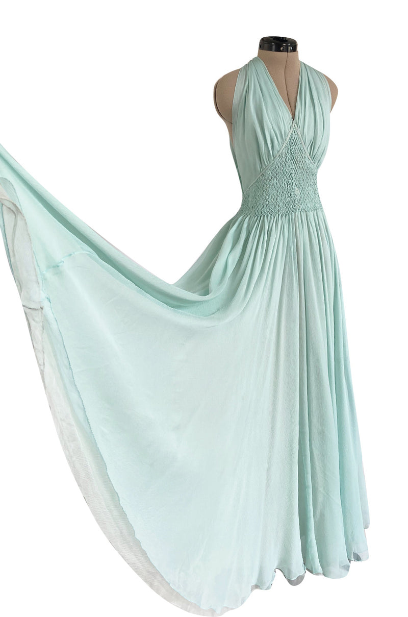 Spring 1976 Chanel Haute Couture Pale Turquoise Silk Chiffon Dress w PinTuck Gathered Front