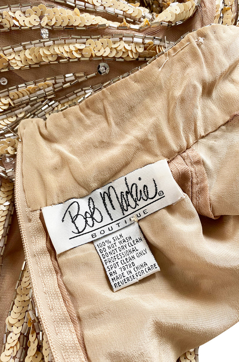 1980s Bob Mackie Ivory Sequin & Nude Stretch Net High Slit Dress