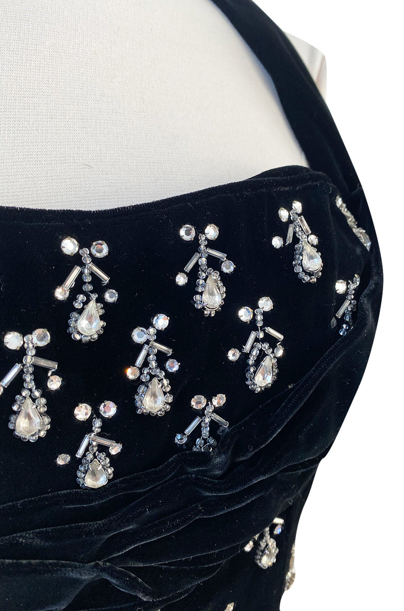 Incredible 1950s Ceil Chapman Jewelled Rhinestone Tear Drop Black Velvet Shelf Bust Dress