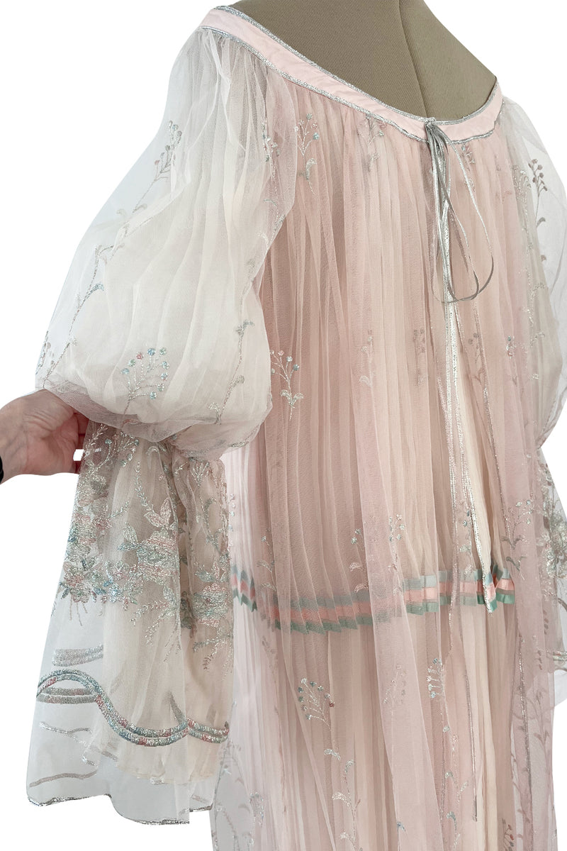 1976 Bill Gibb Couture Pleated Silk Chiffon Skirt w Metallic Thread Embroidered Silk Net Coat