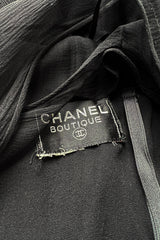 1980s Chanel by Karl Lagerfel Black Silk Chiffon Dress w Gold Button Detailing