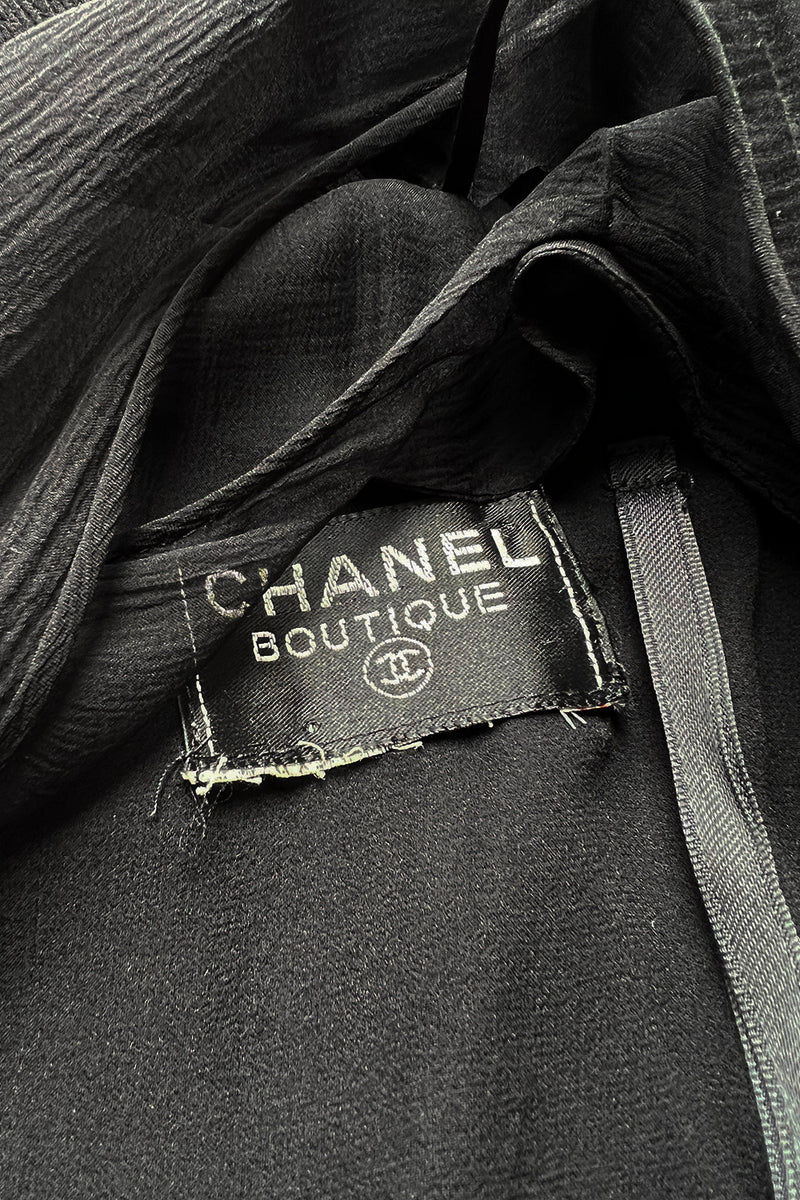 1980s Chanel by Karl Lagerfel Black Silk Chiffon Dress w Gold
