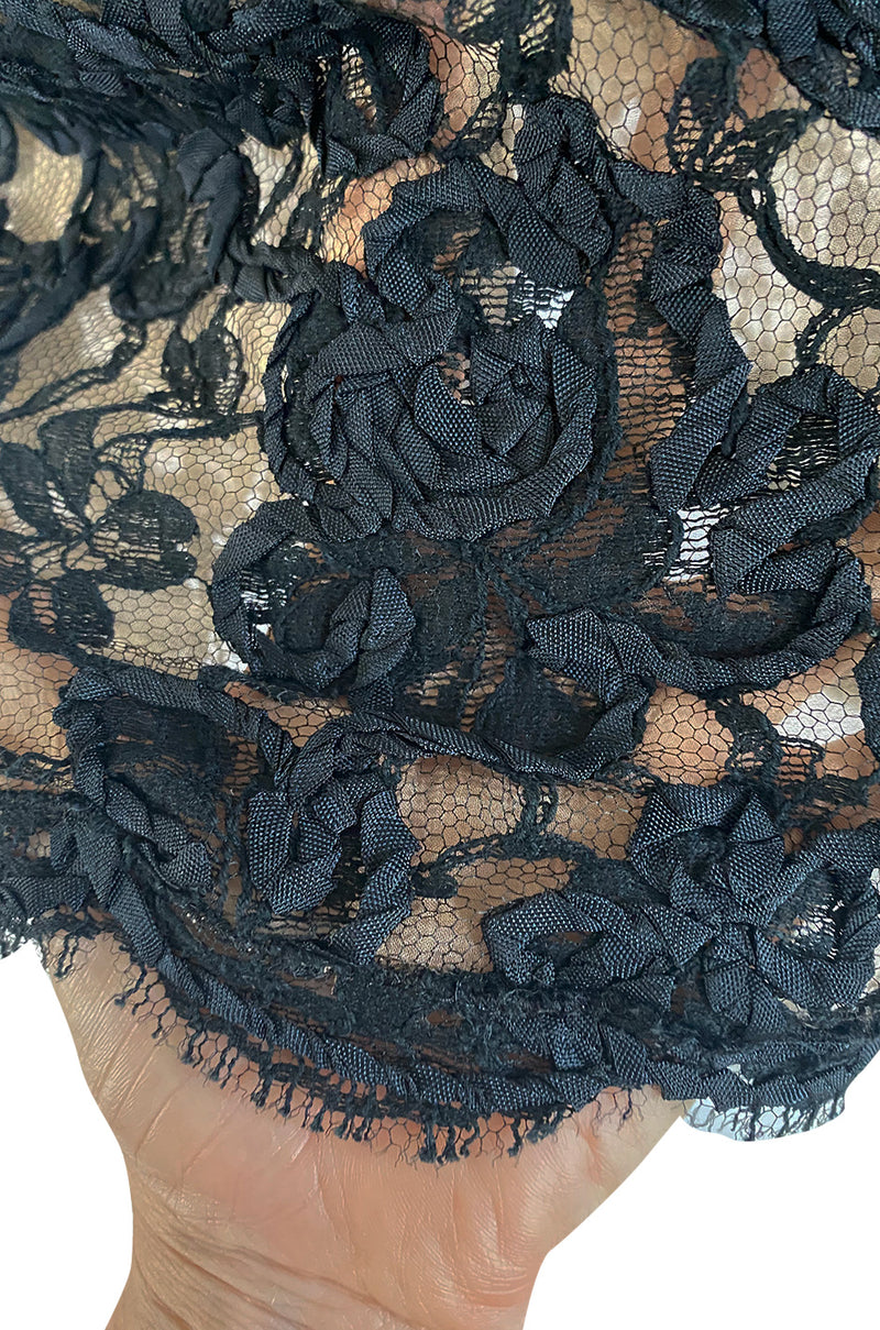 1990s Geoffrey Beene Black Ribbon Net Lace Dress w Nude Interior & Tied Panel Detailing