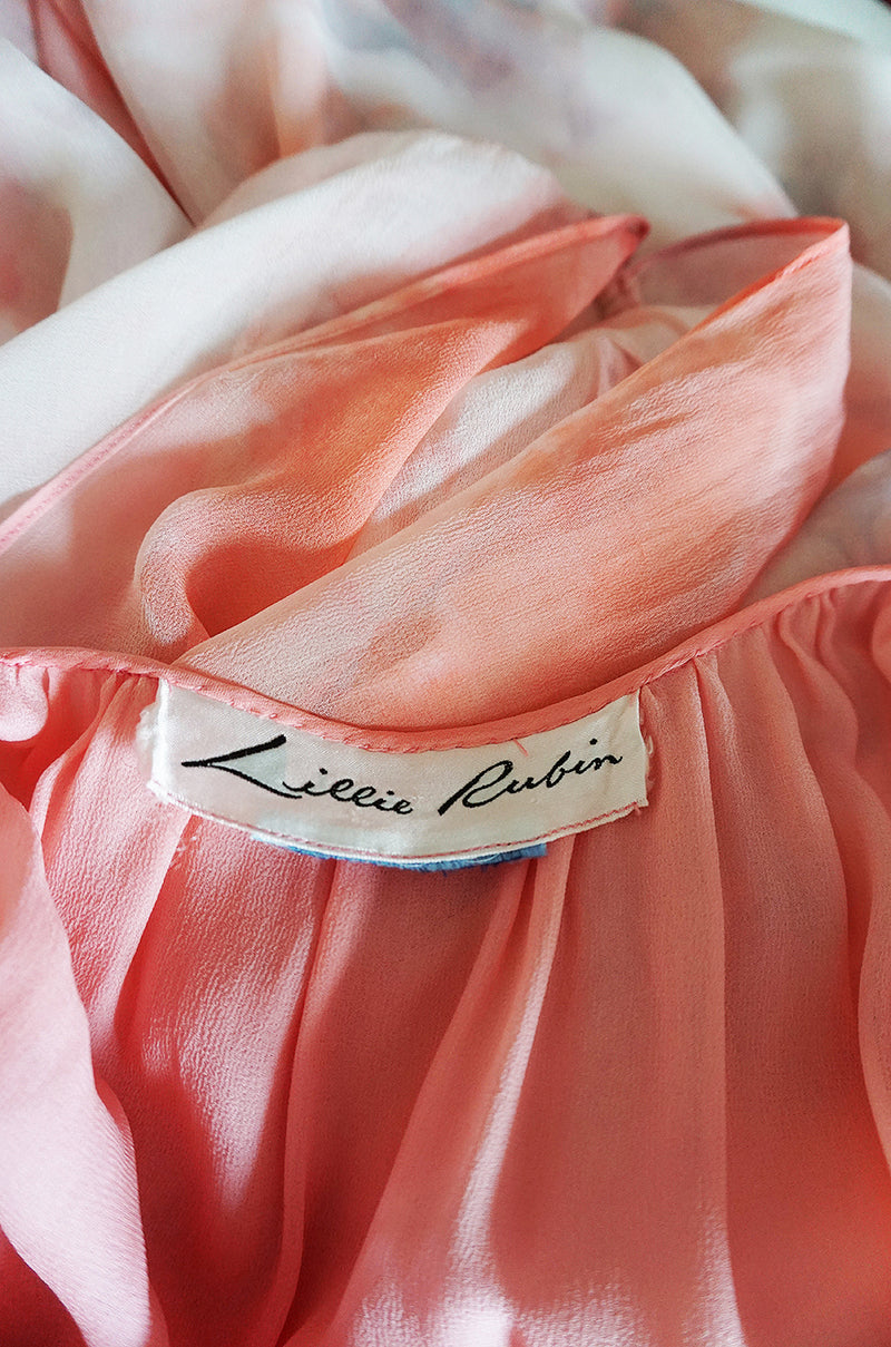 1970s Lillie Rubin Pink & Cream Tie Dye Silk Chiffon Dress