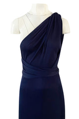Important 1977 Halston Couture Navy Multi-Way Silk Jersey Plunge Dress w Extra Long Ties