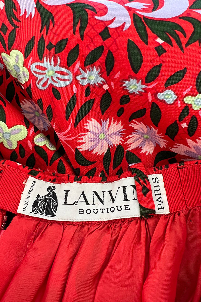 Early 1970s Lanvin by Jules-Francois Crahay Demi-Couture Printed Red Silk Skirt w Green & Lace Edging