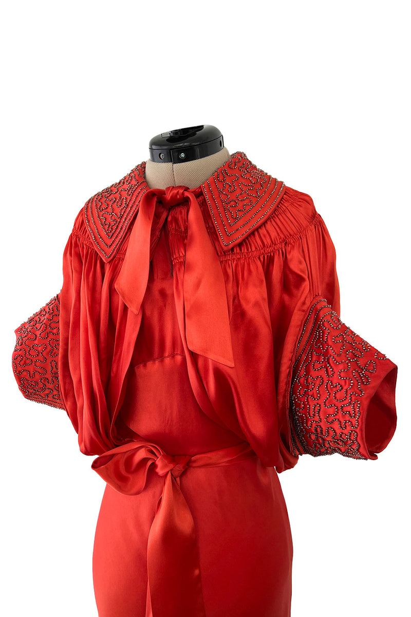 Gorgeous 1930s Coral Red Bias Cut Dress w Back Cut Outs & Matching Beaded Jacket
