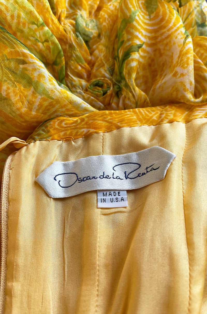 Spring 2004 Oscar de la Renta Runway Yellow Silk Chiffon Ruffled Dress w Fern & Floral Print