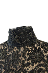 1980s James Galanos Attributed Demi-Couture Black & Metallic Gold Lace Dress Set