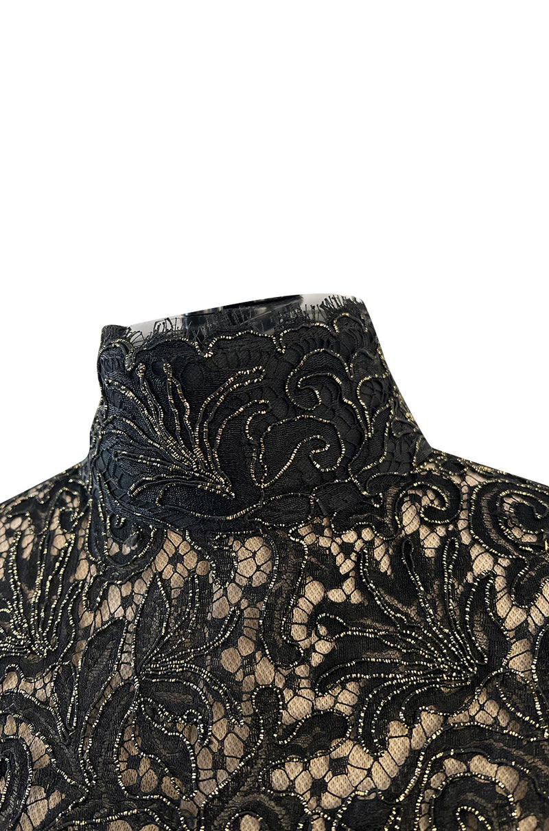 1980s James Galanos Attributed Demi-Couture Black & Metallic Gold Lace Dress Set