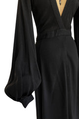 Iconic 1972 Ossie Clark Couture Black Moss Crepe Open Back Wrapped Dress w Bishop Sleeves