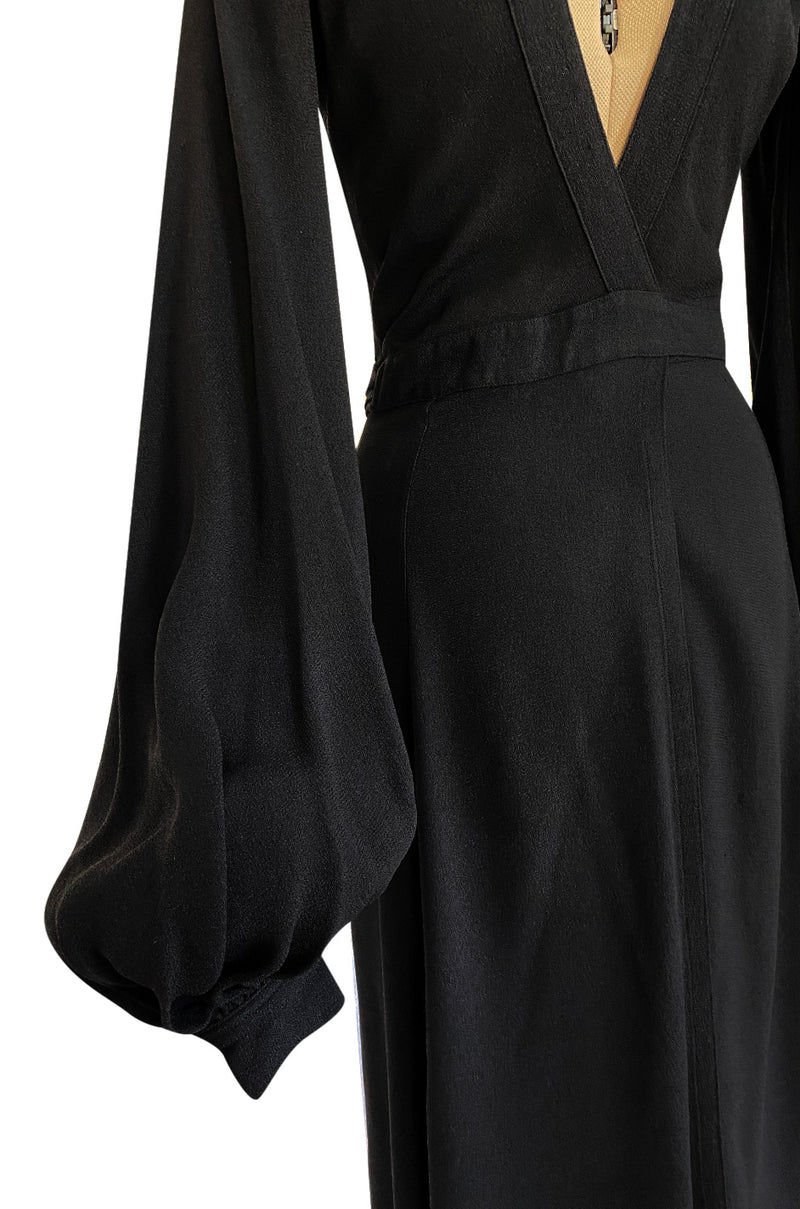Iconic 1972 Ossie Clark Couture Black Moss Crepe Open Back Wrapped Dress w Bishop Sleeves