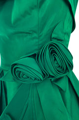 1950s Suzy Perette Emerald Green Strapless Full Skirted Dress w 3D Flower Detailing