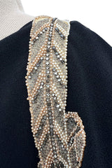 Fabulous 1930s Black Bias Cut Silk Crepe Dress w Unusual Rhinestone & Beaded Applique