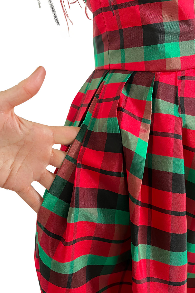 Gorgeous 1980s Victor Costa Silk Taffeta Plaid & Feather Strapless Dress