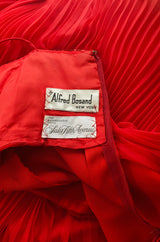 1970s Alfred Bosand Red Chiffon Accordion Pleat Dress & Matching Cape