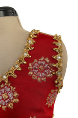 Exceptional Late 1960s Oscar de la Renta Red Silk Dress w Gold & Silver Detailing