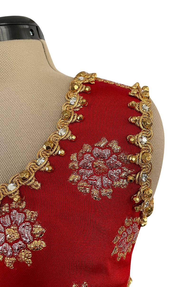 Exceptional Late 1960s Oscar de la Renta Red Silk Dress w Gold & Silver Detailing
