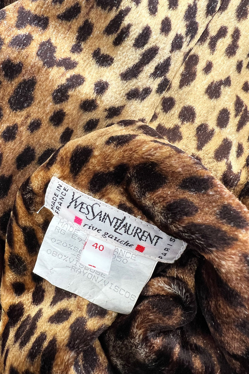 Important Spring 1993 Yves Saint Laurent Runway Draped Neckline Panne Velvet Leopard Print Dress