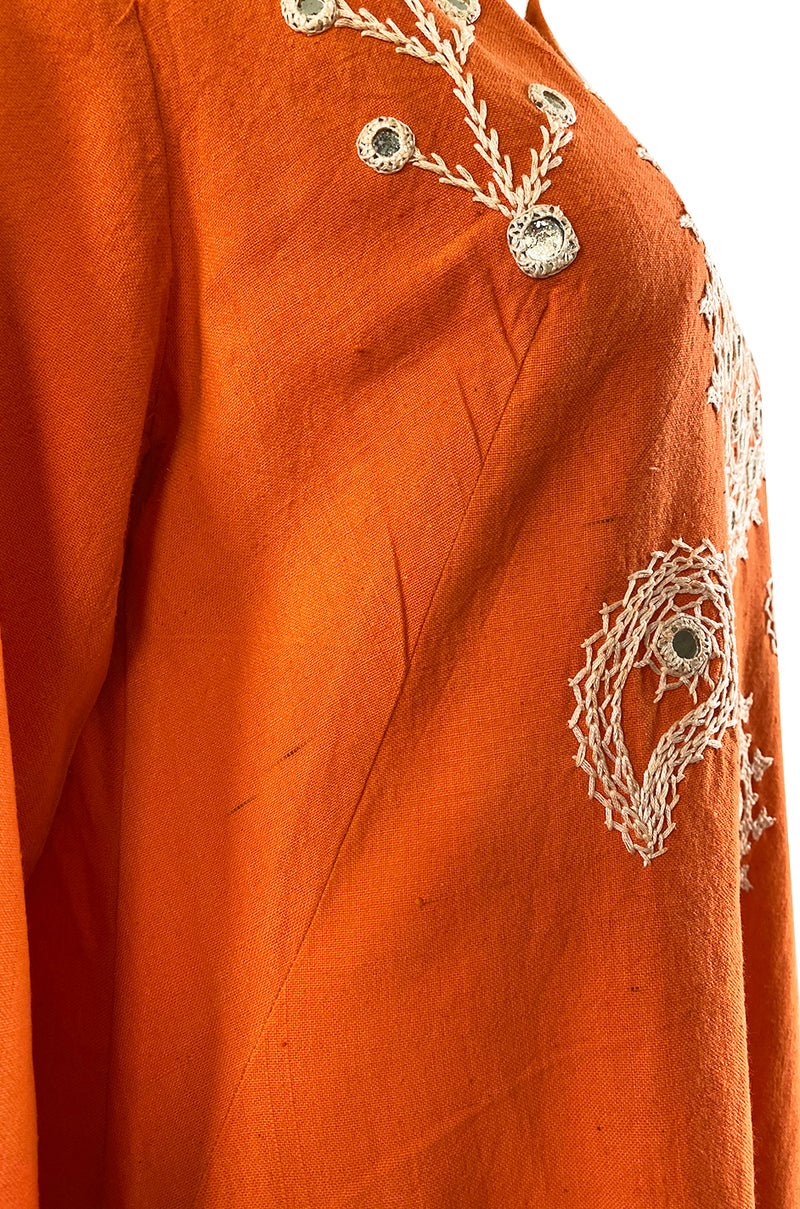 1960s Hand Applied Cord & Mirror Detailed Orange Cotton Caftan Dress