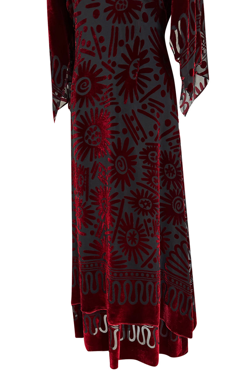 Gorgeous 1980s Zandra Rhodes Deep Red Cut Velvet Caftan Dress w Beaded Detailing