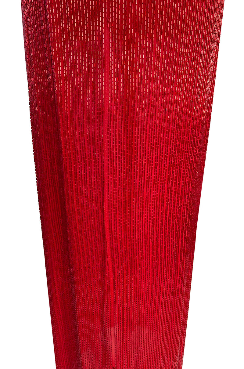 Showstopping 1975 John Anthony Couture Deep Plunging Red Dress Entirely Covered in Glass Beads