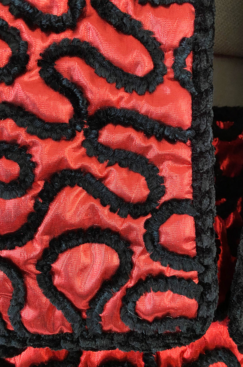 Documented Fall 1981 Chanel Red Metallic Silk Skirt & Jacket Set w Hand Applied Chenille Cording Detail
