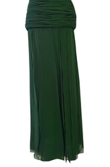 Spectacular Late 1970s Galanos Moss Green Silk Chiffon Car Wash Hem Dress w Draped Shoulder Panel