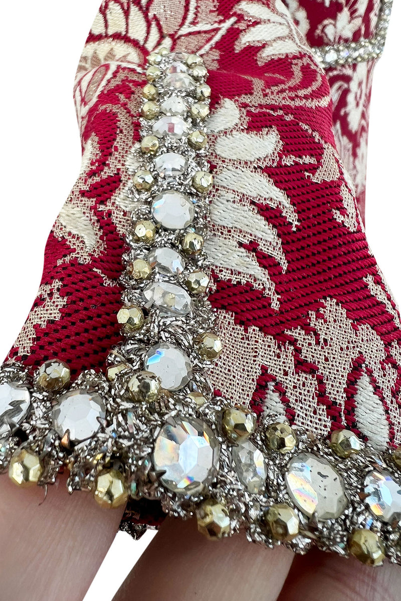 Stunning 1970s Adele Simpson Red & Gold Brocade Dress w Rhinestone Detailing