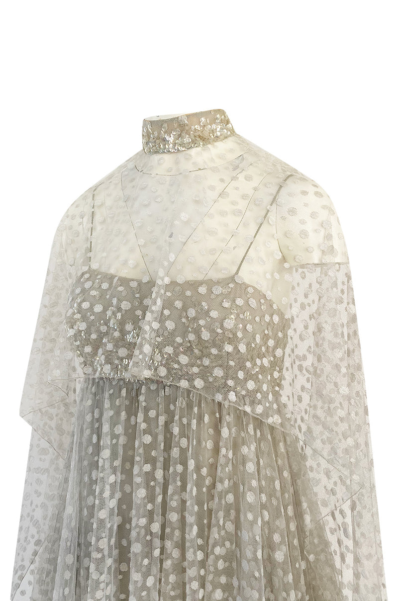 1970s Unlabeled Alfred Bosand Sequin Bodice Dotted Silk Net Dress W Matching Cape Overlay