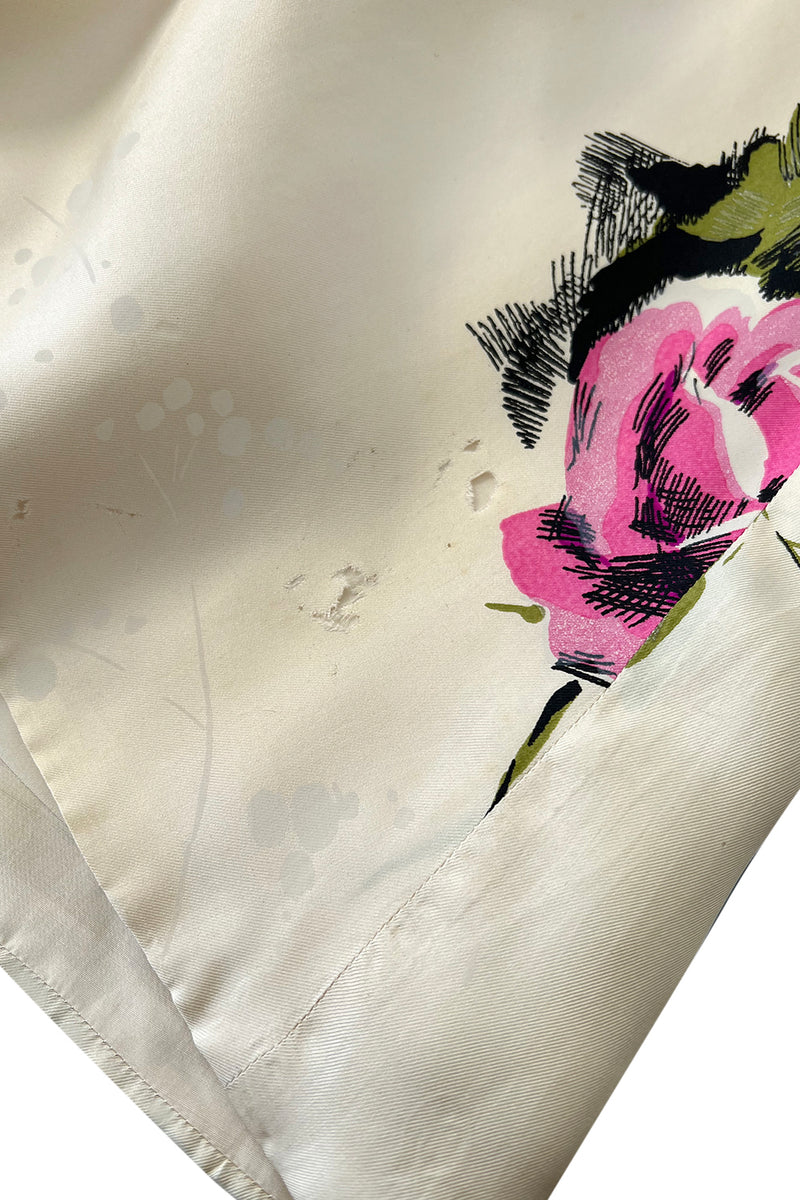 Gorgeous 1940s Unlabeled Ivory Silk Twill Dress w Painted & Appliqued Rose Print