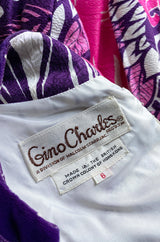 1960s Gino Charles for Malcolm Starr Purple & Pink Printed Jumpsuit w Extra Wide Legs