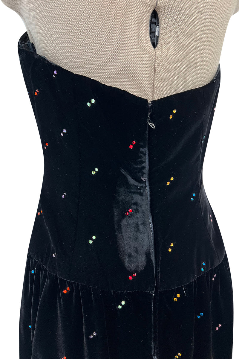 Fabulous Fall 1979 Oscar de la Renta Runway Rhinestone Detailed Velvet Strapless Dress