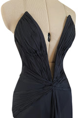 Incredible 2006-2007 Roberto Cavalli Black Silk Extreme Plunge Dress w Trained Silk Chiffon Skirts