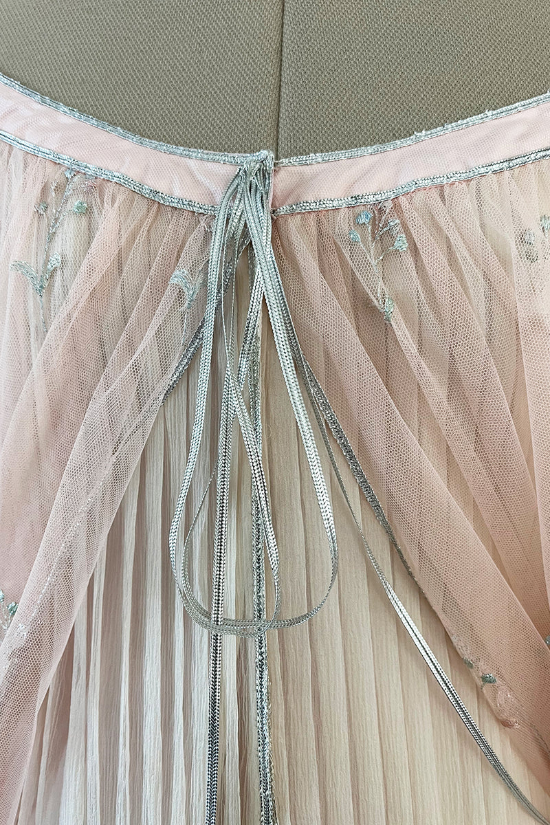 1976 Bill Gibb Couture Pleated Silk Chiffon Skirt w Metallic Thread Embroidered Silk Net Coat
