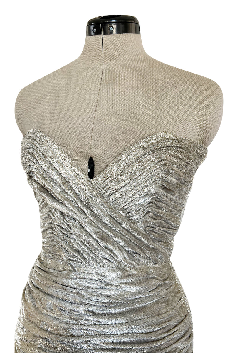 Documented Fall 1984 Emanuel Ungaro Haute Couture Silver Velvet Dress & Feather Jacket