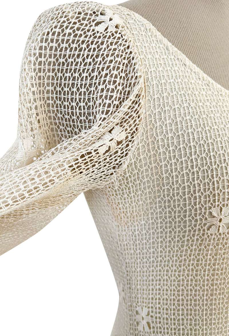 1975 Giorgio Sant' Angelo Hand Crochet Dress w Balloon Sleeves & Metallic Ribbon Detailing