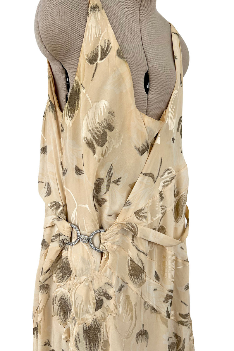 Rare & Beautiful 1920s E. L. Mayer Pale Gold Silk Flapper Dress w Lame & Rhinestone Detailing