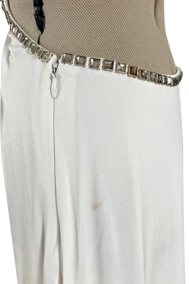 Stellar 1970s Luis Estevez Backless White Jersey Dress w Silver Studded Front