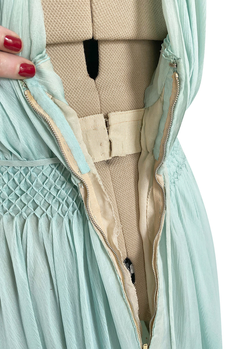 Spring 1976 Chanel Haute Couture Pale Turquoise Silk Chiffon Dress w PinTuck Gathered Front