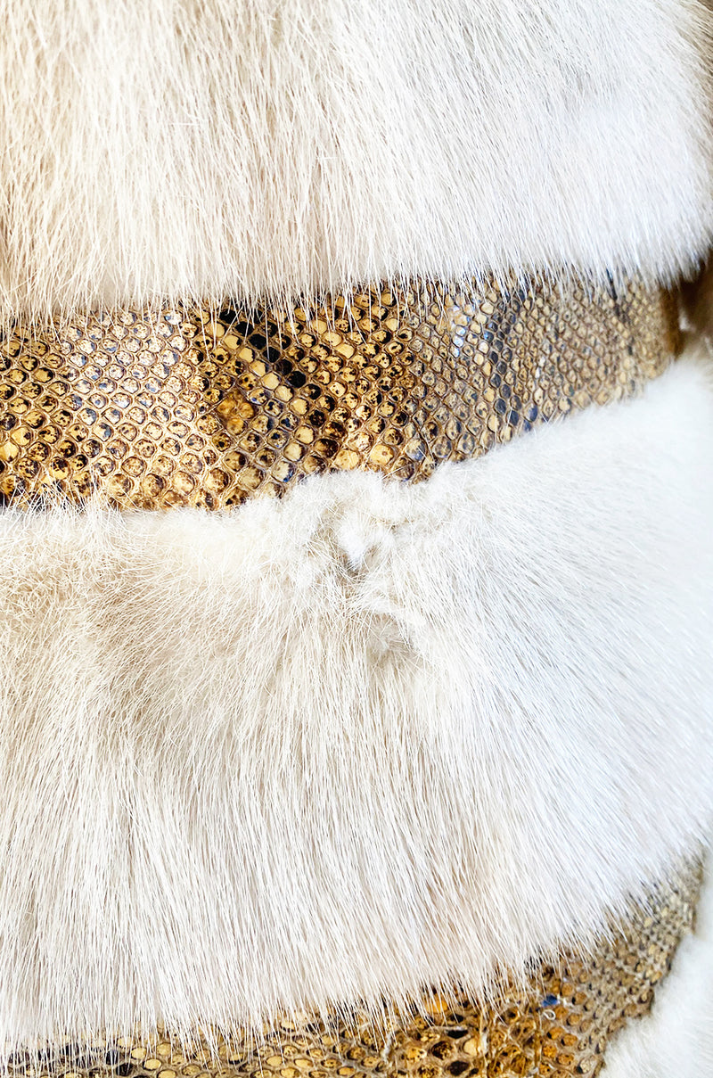 Rare 1960s Christian Dior Pale Ivory Mink Coat w Python Snake Insets