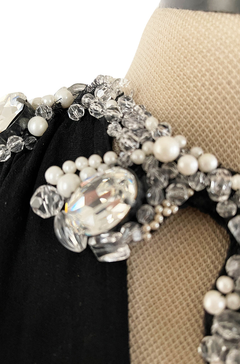 Incredible 1970s Loris Azzaro Black Silk Jersey Dress w Huge Attached Jewel Collar & Jewelled Belt