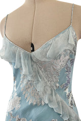 Iconic Fall 2004 John Galliano Bias Cut Blue Dress w Ruffles & Metallic Silver Detailing