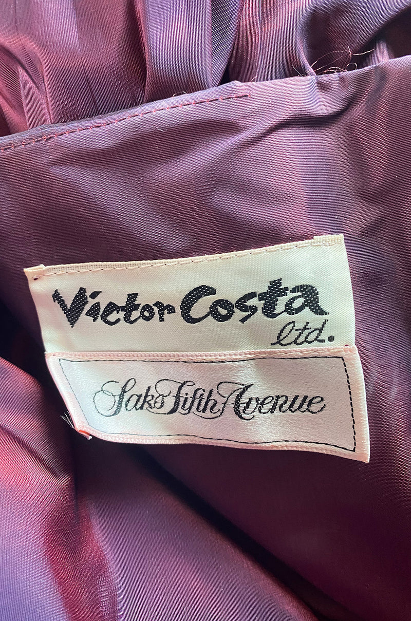 1970s Victor Costa Iridescent Deep Burgundy Purple Silk Taffeta Dress with Strapless Ruffled Neckline