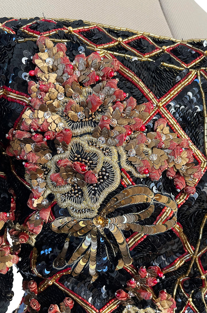 Elaborate 1987 John Anthony Couture Off Shoulder Mini Dress w Sequin Beading & Rosettes
