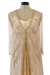 Prettiest 1977 Bill Gibb Couture Embroidered Gold Thread Net Dress w Long Jacket